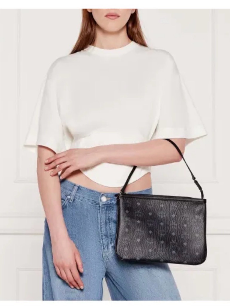 Mcm Black Leather Shoulder Bag With Subtle Monogram